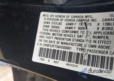 2016 Honda Civic Ex from USA, damaged, VIN 2HGFC2F73GH500601
